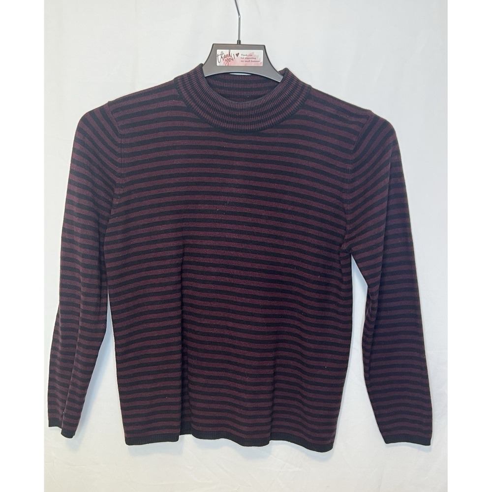 SAG HARBOR Womens Size Medium Knit Sweater Black/Red Horizontal Stripe Crew Neck